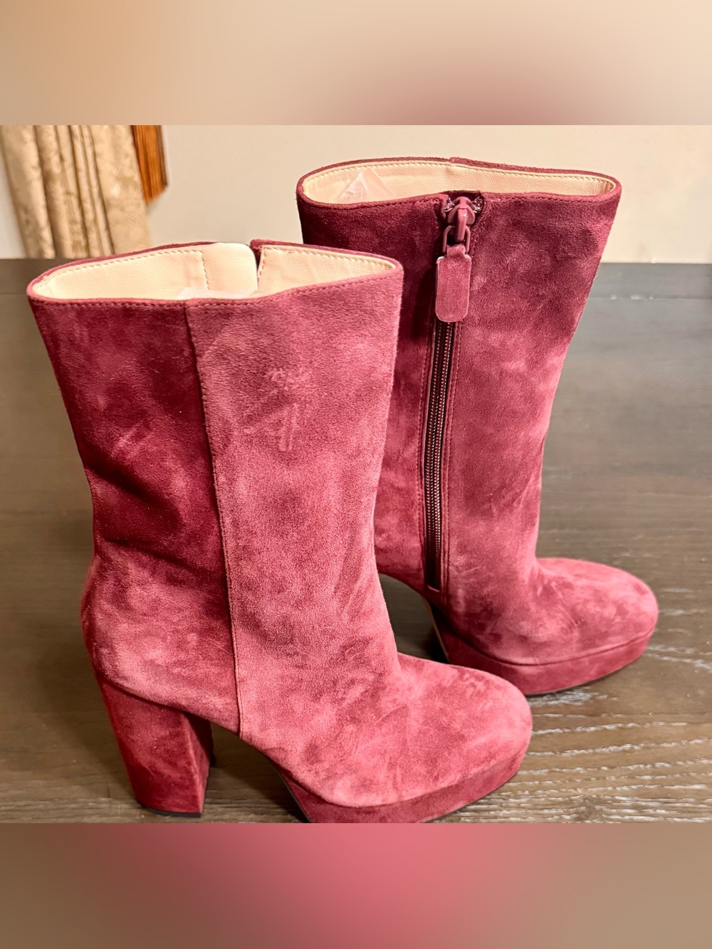 Stuart Weitzman Burgundy Suede Platform Block Heel Ankle Boots Size 8.5